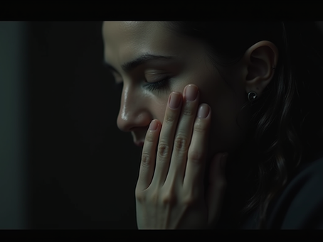 Eye-level view of a shadowy figure whispering secrets in a dimly lit room