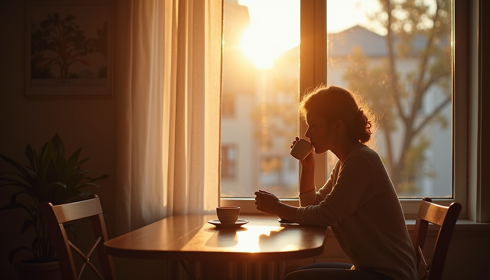 Eye-level view of a person enjoying a morning coffee by a window with sunlight