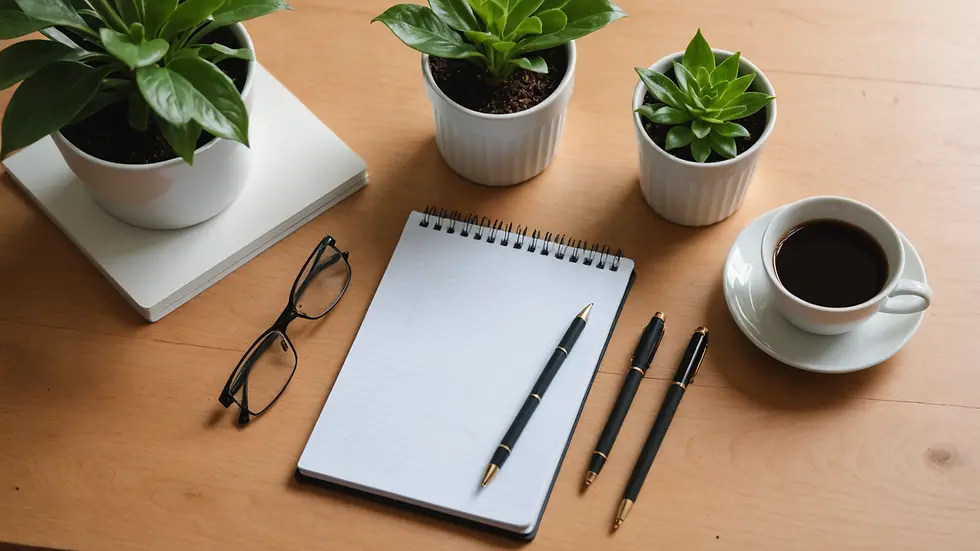 High angle view of a serene workspace with a notepad and a plant