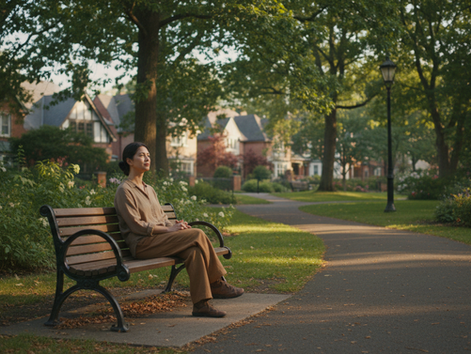 Wide-angle view of a person sitting quietly on a park bench without a phone