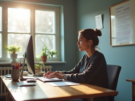 Eye-level view of a person working focused at a desk with motivational notes around