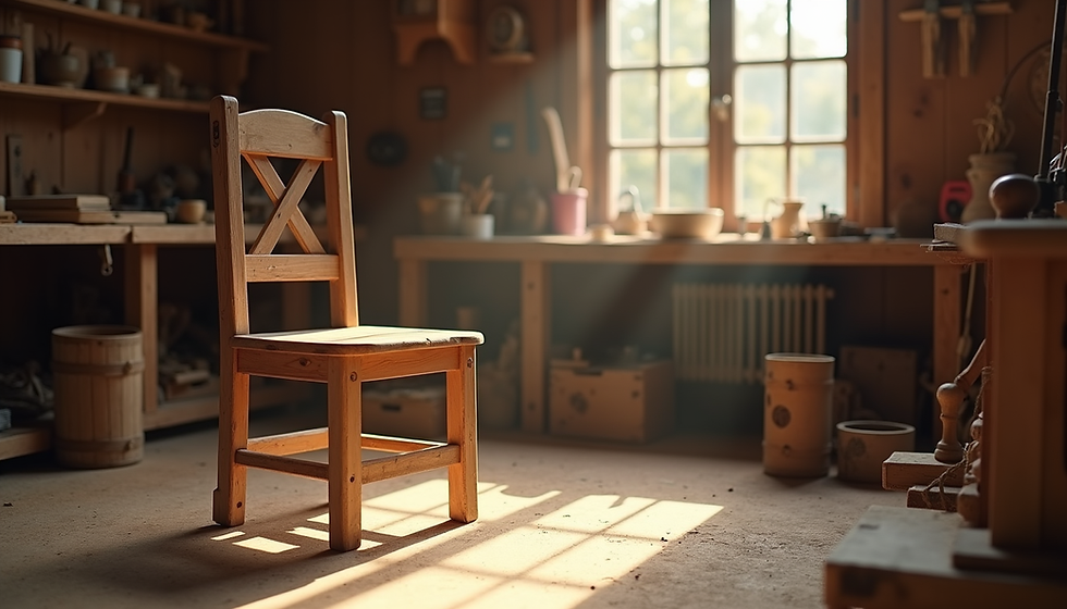 Eye-level view of a wooden chair in a sunlit workshop filled with natural tools