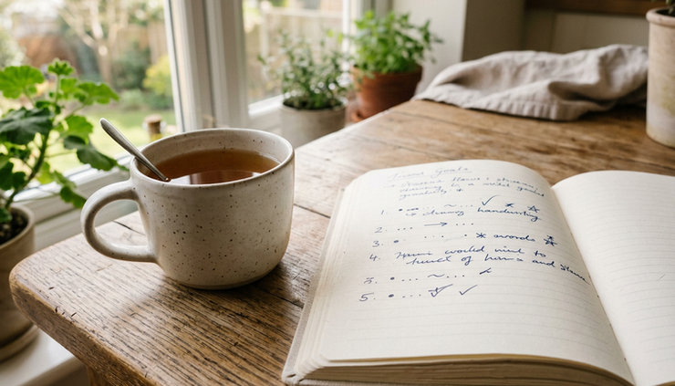 Overhead view of an open journal and a cup of tea on a kitchen table.