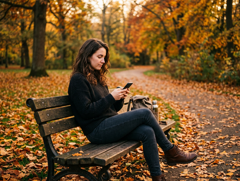 Eye-level view of a person sitting alone on a park bench holding a silent phone.