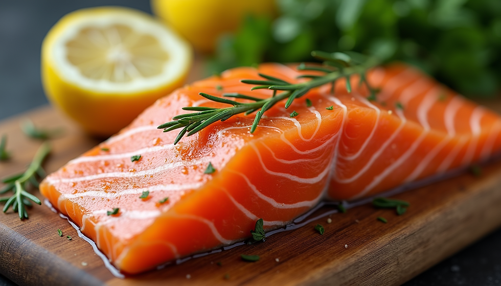 Close-up view of fresh salmon fillet on a wooden board