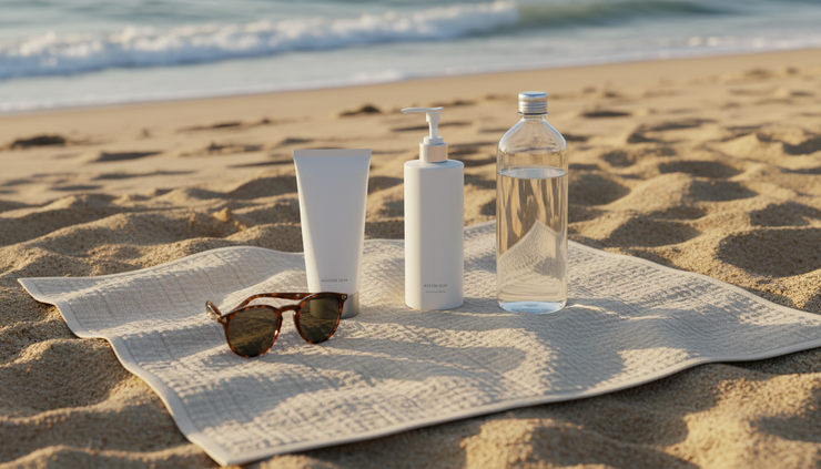 Wide-angle view of a beach towel with sunscreen, lotion, sunglasses, and a water bottle.