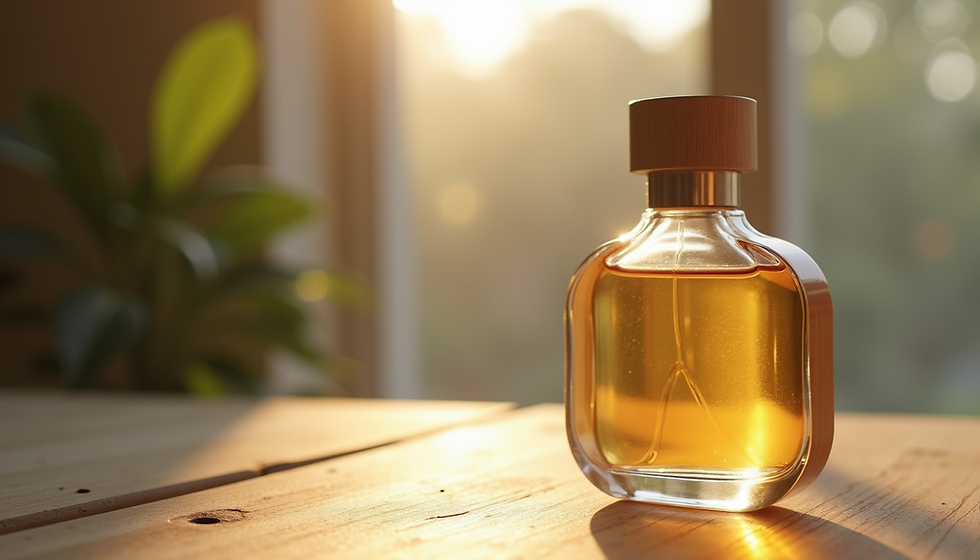 Eye-level view of a perfume bottle resting on a wooden vanity with soft natural light