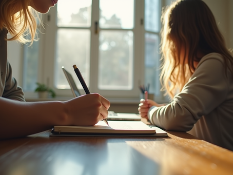 Eye-level view of a person sitting alone at a desk writing in a notebook with soft natural light