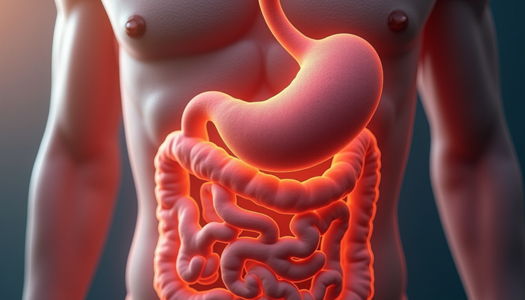 Close-up view of a stomach model highlighting the digestive tract