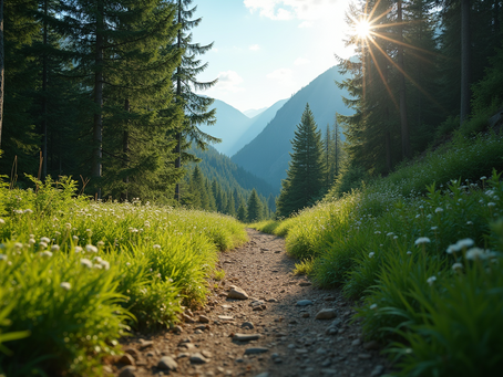 Eye-level view of a winding mountain trail surrounded by lush green trees