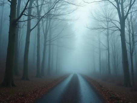 Eye-level view of a quiet path through a foggy forest symbolizing contemplation and mental preparation