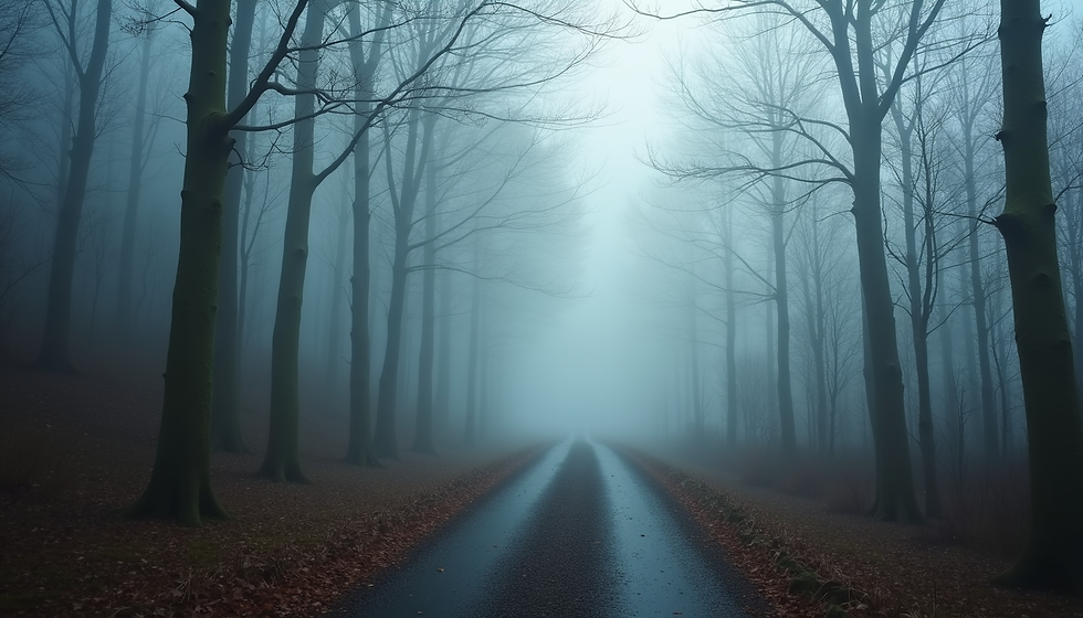 Eye-level view of a quiet path through a foggy forest symbolizing contemplation and mental preparation