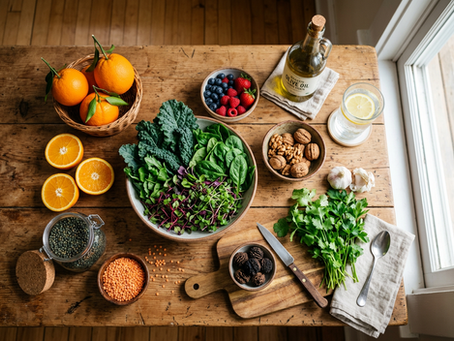 Overhead view of colorful whole foods arranged on a kitchen counter.