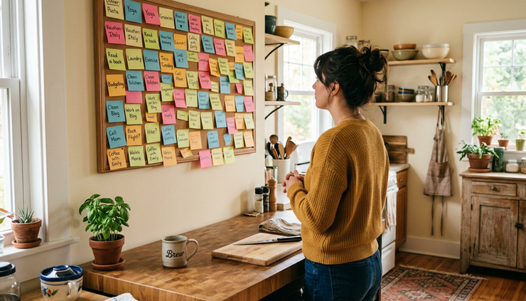 Eye-level view of a person staring at many sticky notes on a kitchen wall