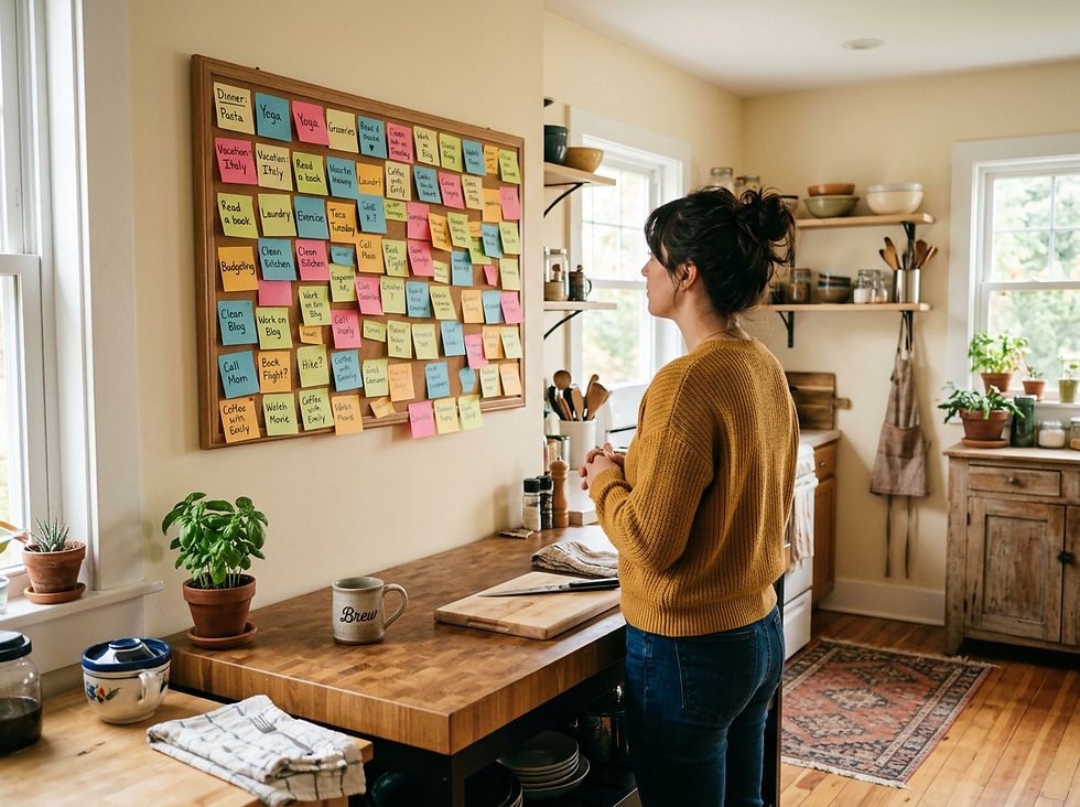 Eye-level view of a person staring at many sticky notes on a kitchen wall