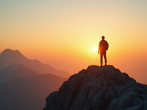 Eye-level view of a single person standing confidently on a mountain peak at sunrise