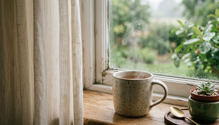 Close-up view of a steaming mug on a windowsill during a quiet morning.