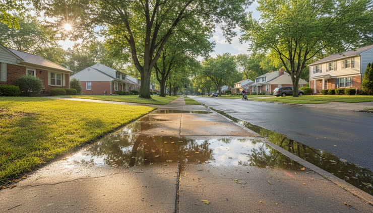 Wide-angle view of a quiet neighborhood sidewalk after rain with sunlight breaking through trees.