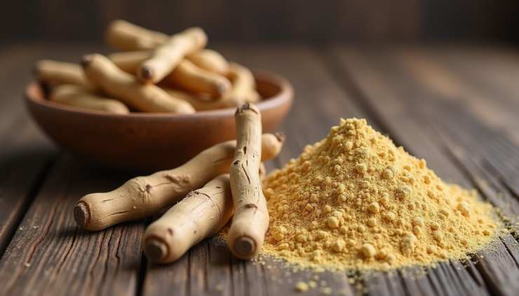 Close-up view of dried Ashwagandha roots and powder on a wooden surface