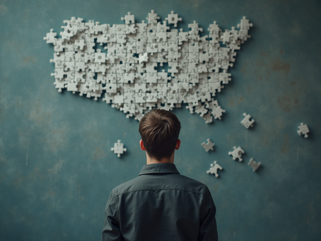 Eye-level view of a person looking thoughtfully at a complex puzzle