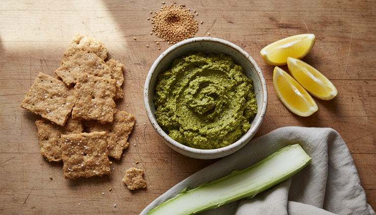 Overhead view of chickpea and broccoli stalk pesto beside crackers and lemon wedges