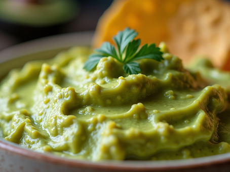 Close-up view of a creamy guacamole spread in a bowl