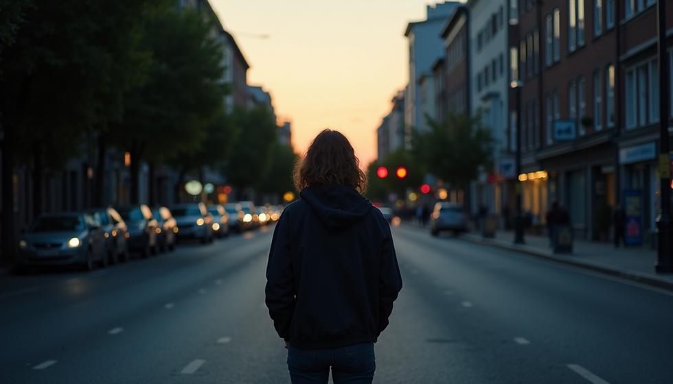 Eye-level view of a person standing alone on a quiet street at dusk, contemplating