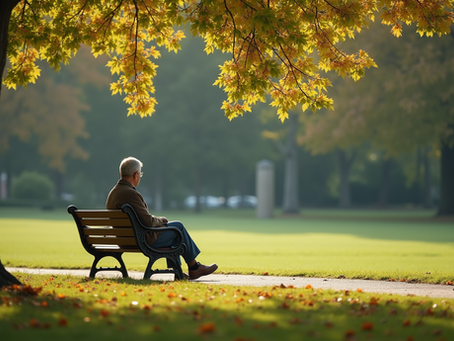 Eye-level view of a single person sitting quietly on a park bench, reflecting