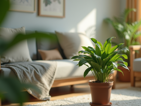 Eye-level view of a vibrant green plant in a cozy living space