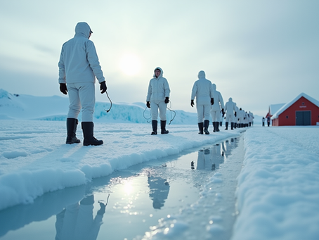 Eye-level view of a research station on the Antarctic ice with scientists working outside