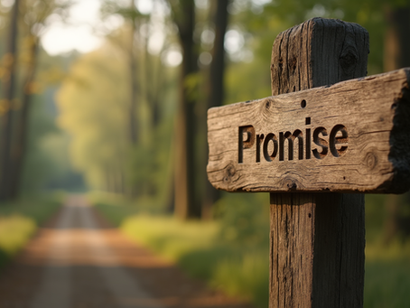 Eye-level view of a weathered wooden signpost with the word "Promise" carved into it