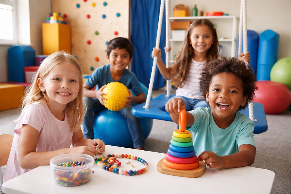 Eye-level view of a colorful therapy room with toys and equipment