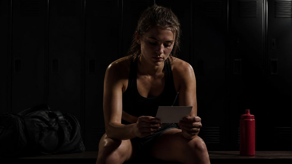 A young athlete reads an index card in a dark locker room, a gym bag beside her.