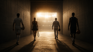 Four athletes from different sports walking alone through a dark stadium tunnel toward the light, symbolizing carrying pressure into competition.