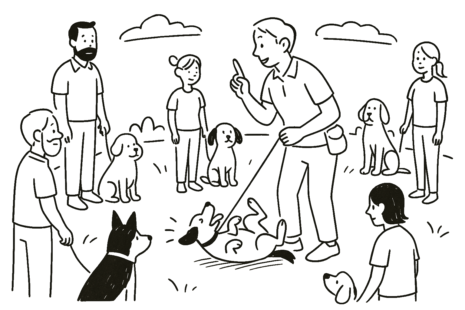 מאלף מסביר לקבוצת בעלי כלבים כשכלביהם יושבים מסודרים במעגל בזמן אימון קבוצתי.