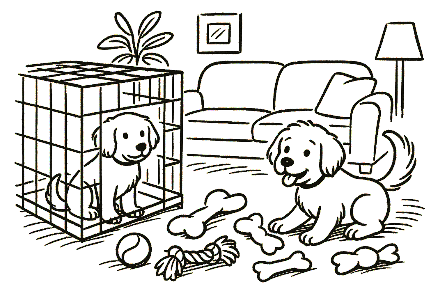 גור כלבים יושב על שטיח בבית בזמן אימון, לצד צעצועים ואביזרי אילוף.