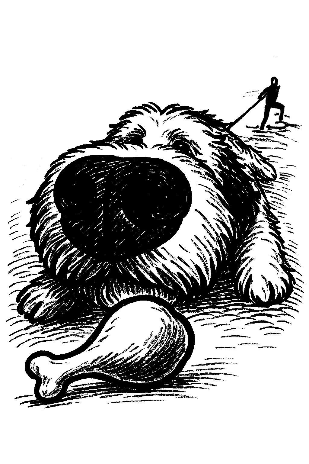 כלב מושך ברצועה את בעליו לכיוון פולקה שזרוק על הרצפה במהלך טיול.