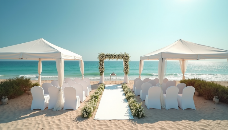 High angle view of a beach wedding setup with white tents and ocean view