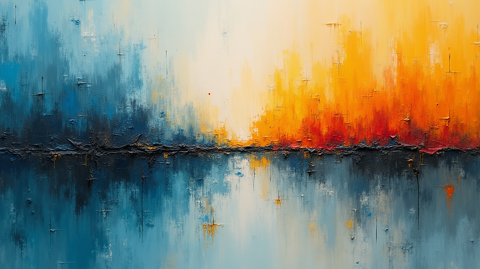 Eye-level view of abstract painting with layered colors and textures