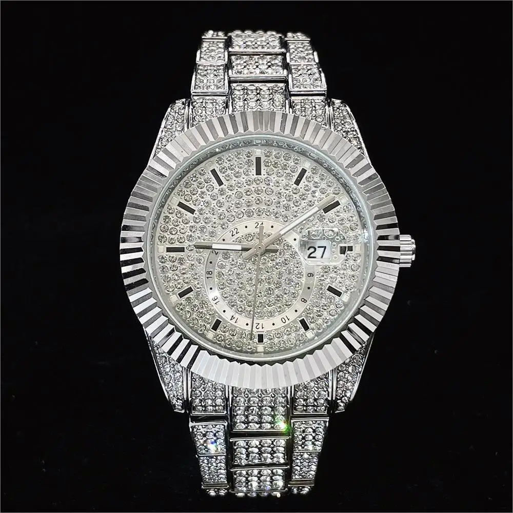 Silver Full Diamond Waterproof Men's Night Glow Watch