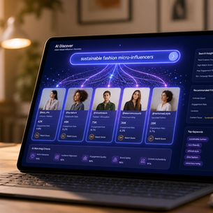 Modern workspace showing AI-powered influencer search interface with semantic connections and creator profiles on laptop screen