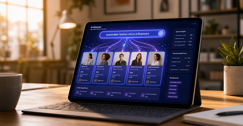Modern workspace showing AI-powered influencer search interface with semantic connections and creator profiles on laptop screen