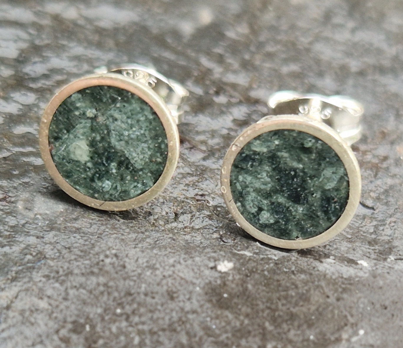 Solid silver studs filled with Westmorland Green Slate