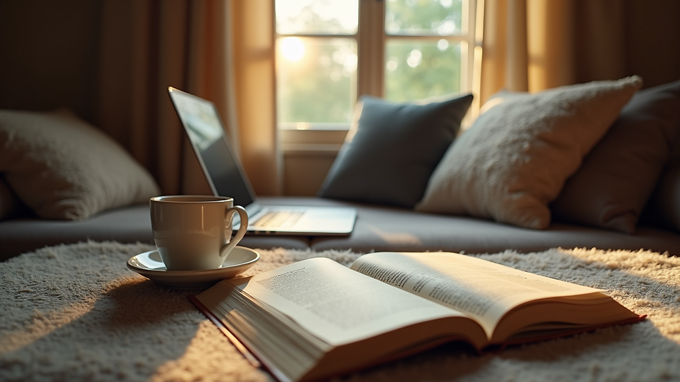 Eye-level view of a cozy reading nook with a laptop and a cup of coffee
