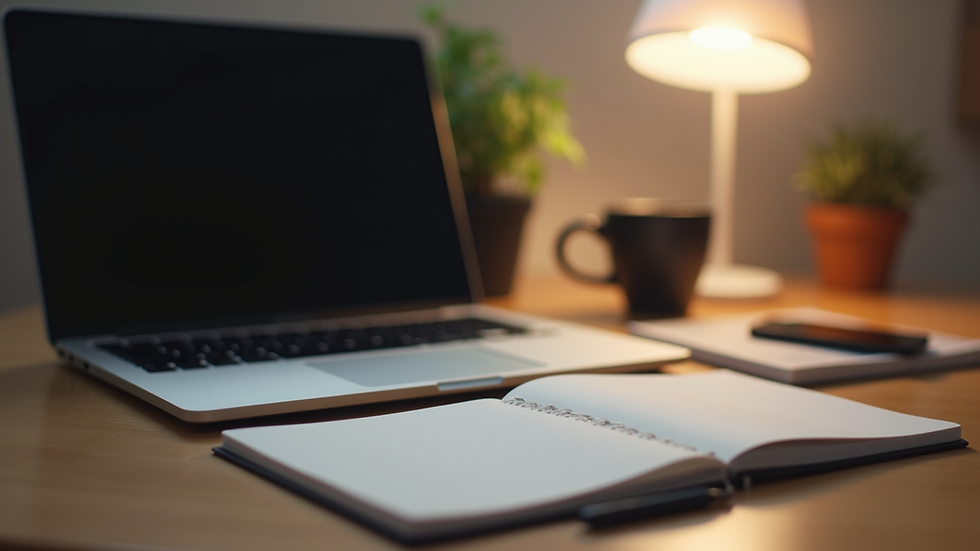 Eye-level view of a cozy workspace with a laptop and a notebook