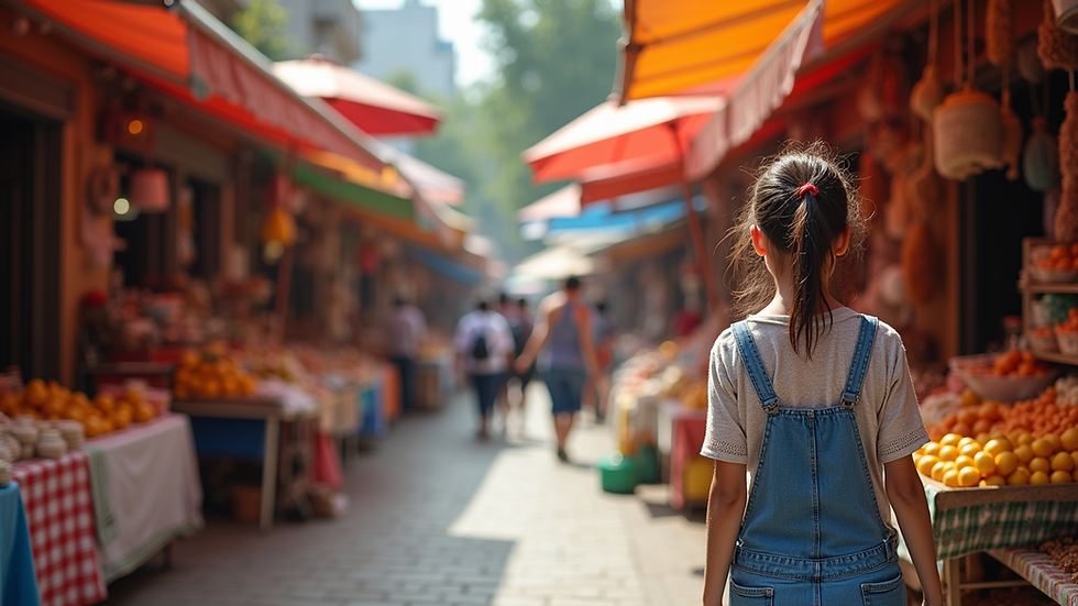 Eye-level view of a vibrant outdoor market with colorful stalls