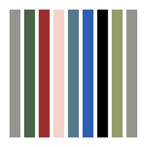 Hard-edged vertical stripe painting by Harry MC using repeated Provence-inspired colours — ochre, olive, blue, black, pink and teal — set against a white ground.