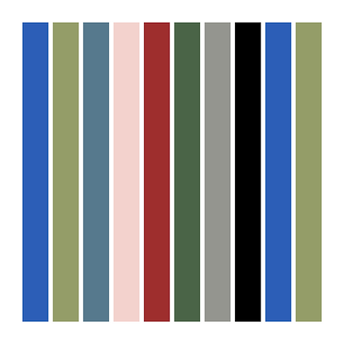 Square vertical stripe painting by British stripe painter Harry MC with eight Provence colours in equal-width hard-edged stripes separated by white.