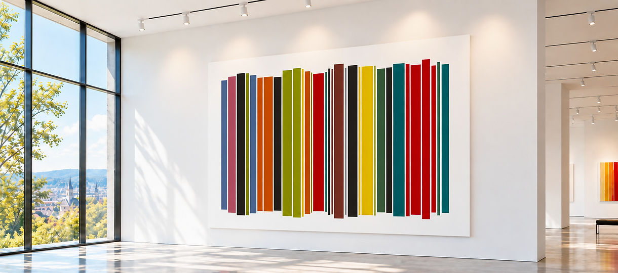 A museum scale multi-coloured vertical stripe painting by Harry MC displayed on a wall in a high ceiling contemporary penthouse