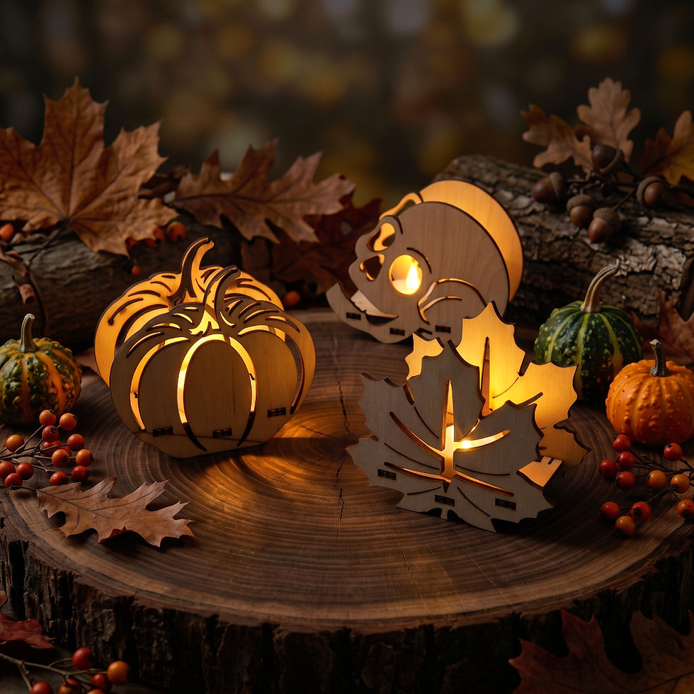 Pumpkins, leaves, and skulls in the wild: a first look at the new raw wood LED tea-light holders for the Tennessee Fall Craft Fair.